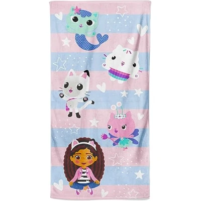 Image of Gabby&#039;s Dollhouse Beach Bath Towel for Kids 100% Cotton Stripe Pandy Paw Mercat Cakey Cat Fairy Gift Girls Boys Toddlers