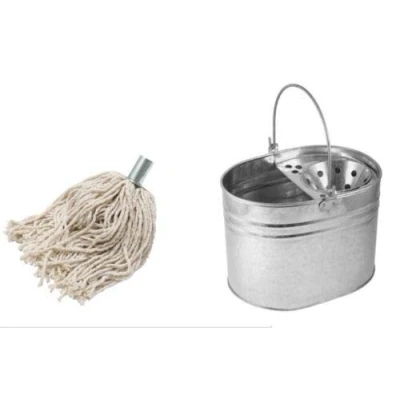 Image of Heavy Duty Metal Galvanised Mop Bucket + 5 Cotton Floor Head Set Strong 14 LTR