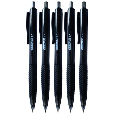 Image of MICRA Retractable Ballpoint Pens, BLACK, Pack of 5, Fine Point (0.7mm), Rubber Grip, Smooth Ball Ideal for School Office Home, iZOFAX Black Pen