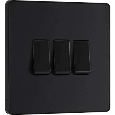 Image of BG Electrical Triple Wall Light Switch, 2 Way, Screwless Front Plate, Round Edges, Evolve, Matt Black, 20A, 16AX, PCDMB43B