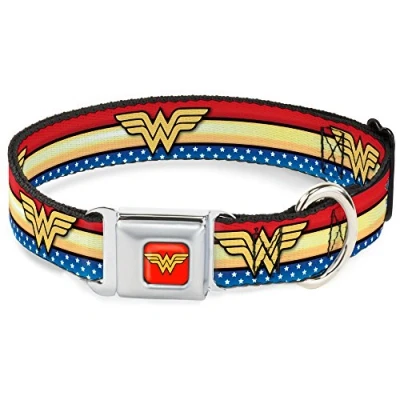 Image of Buckle Down DC WWW040 WS Seatbelt Dog Collar, Wide Small, Wonder Woman Logo Stripe/Stars Red/Gold/Blue/White (repeat WW logo)