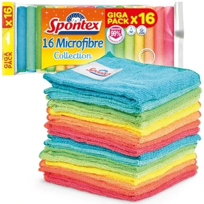 Image of Spontex Microfibre Cloths For Cleaning 16 Collection Use as Dusters, Dish &amp; Kitchen Towels 30 x 30cm Assorted Colours Count