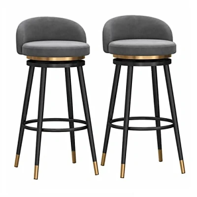 Image of AZMANI Swivel Bar Stools Set of 2 Counter Height with Back, Farmhouse Kitchen Breakfast Stools, 360 Swivel, Velvet Upholstered Seat, Gold Metal Legs,Grey,75cm(29.53in)