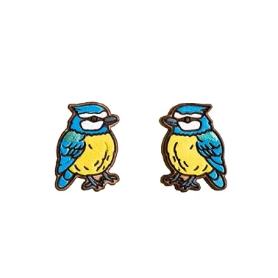Image of Robin Valley Hand panted Blue Tit Bird Wooden Earrings