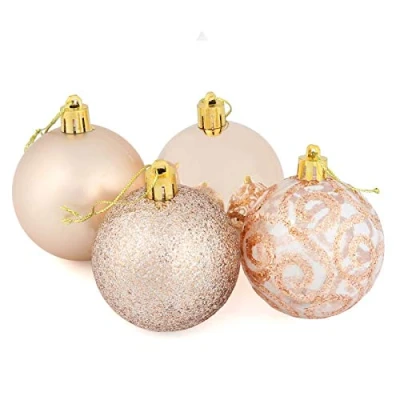 Image of Mr Crimbo Set Of 16 Small Round Christmas Tree Baubles Shiny Matt Glittery Swirl Patterns, Champagne 6cm