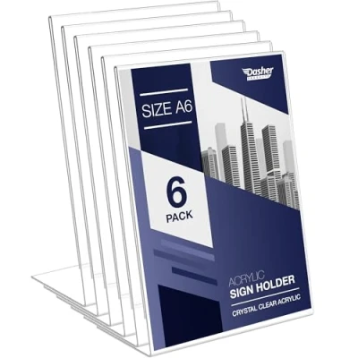 Image of Slant Back Acrylic Sign Holder A6, 6 Pack, Portrait Ad Frames, Clear Picture Frame for Signs, Brochure, Flyer, Menu, Paper, Poster, Display. Slanted Plastic Message Board Stand Home, Office, Store