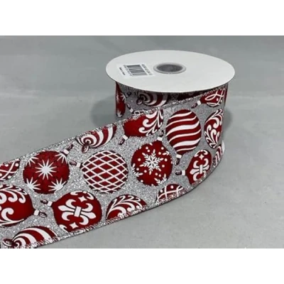 Image of 2 Meters x 63mm Wired Ribbon Silver and Red Baubles Christmas Hessian Style 6.3cm