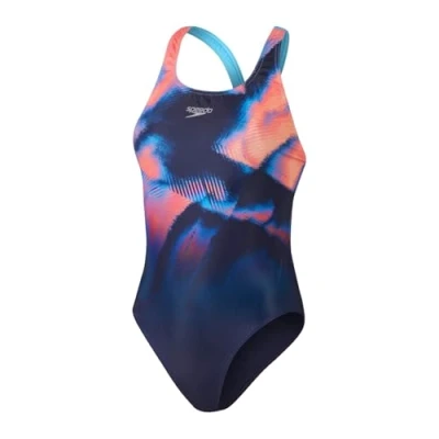 Image of Speedo Women&#039;s Placement Digital Powerback Swimming Costume Navy Red Size UK 38