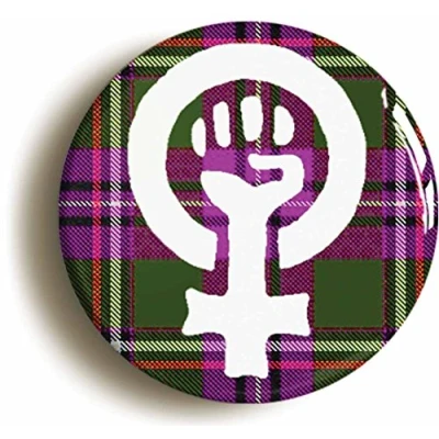 Image of Ozorath FEMINIST FIST SYMBOL BADGE BUTTON PIN TARTAN (Size is 1inch/25mm diameter) FEMINISM