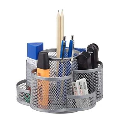 Image of Relaxdays Pencil Holder, Metal Mesh, 7 Compartments, Rotatable, Round Desk Organizer, 11 x 17.5 16.5 cm