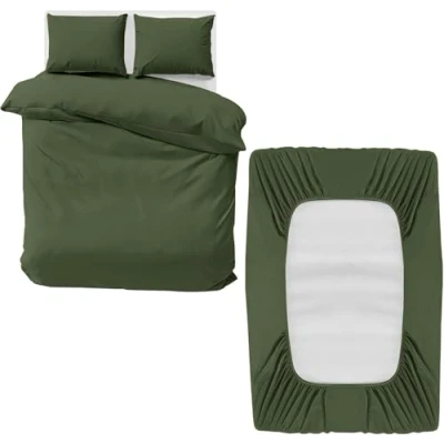 Image of MOONLIGHT20015 King Bedding Set 4 Piece Duvet Cover Fitted Sheet with Pillow cases Soft Brushed Microfiber sets Olive Green