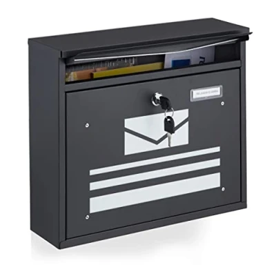 Image of Relaxdays Mailbox with Newspaper Compartment, HxWxD 31 x 36 11 cm, 2 Keys, Steel, Modern Elegant Design, Silver/Black
