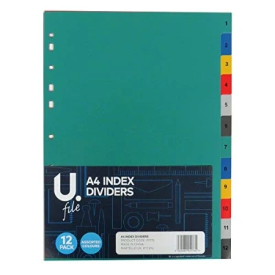 Image of A4 Polypropylene Index Tabbed Dividers Numbered 1 to 12, Mixed Colours
