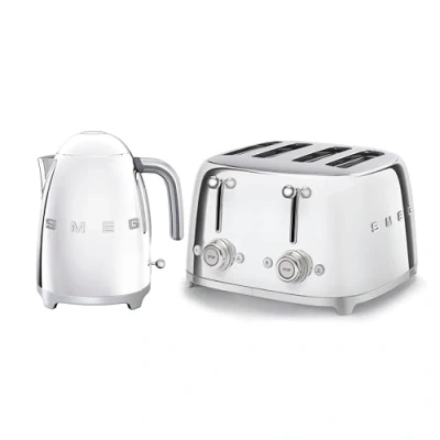 Image of Smeg 50’s Style Retro Range Breakfast Set, 1.7L 3000W Kettle and Multi Functional Control 4 Slice 2000W Toaster, Polished Stainless Steel, KLF03SSUK/ TSF03SSUK