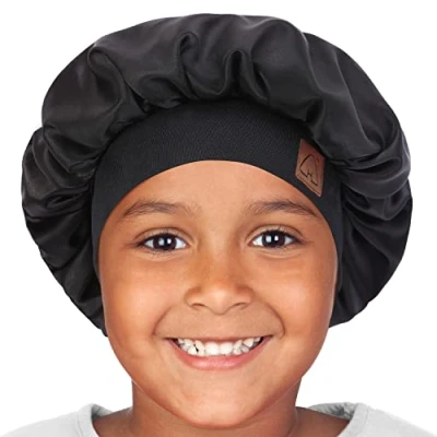 Image of Hat Hut Kids Satin Bonnet Sleep Cap for Curly Hair Adjustable Silk Baby Sleeping Toddler Child (Black)
