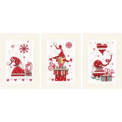 Image of Vervaco Christmas Gnomes Greeting Card Kit, Cotton, Multi Colour, 10.5 x 15 0.3 cm