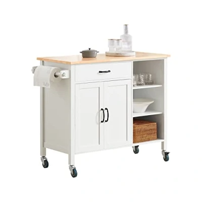 Image of SoBuy FKW103 WN, Kitchen Storage Trolley Cart with Rubber Wood Worktop, Cabinet Cupboard Sideboard on Wheels