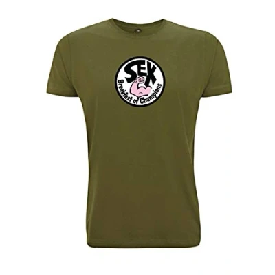 Image of James Hunt Men&#039;s T Shirt Sex Breakfast of Champions Logo Racing F1 Legend no 11 (Colour Print) (Medium, Army Green)
