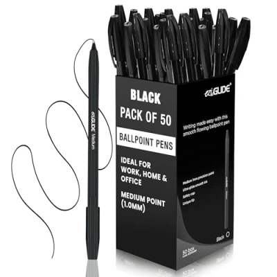 Image of Eziglide Ballpoint Black Pens, Pack of 50, Smooth Writing Action Medium Point (1.0mm) coloured Ball Pen; Ideal for School, Work, Home stationary supplies