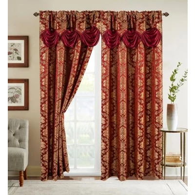Image of Elegant Comfort Jacquard Look Curtain Panel Set with Attached Waterfall Valance, (Set of 2), 54 x 84 Inches, Burgundy