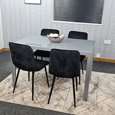Image of KOSY KOALA Grey Dining Table and 4 Black Velvet Chairs Kitchen Set of Glass