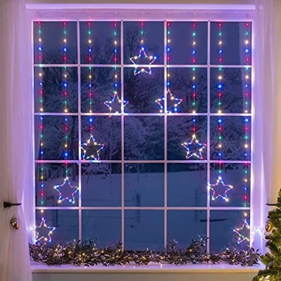 Image of CHRISTOW Christmas Curtain Lights for Windows, 9 Star String Light Decoration, 325 Multi Coloured Micro LEDs, Indoor Outdoor Home Garden Xmas Lighting, Mains Powered with 5m Cable (H1.2m x W1.2m)