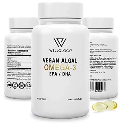 Image of Vegan Omega 3 1200mg Fermented Algae Oil High Strength EPA DHA Natures Purest Fatty Acids Contaminant Free Alternative to Fish Oil, Cod Liver &amp; Krill 60 Softgels by Wellology