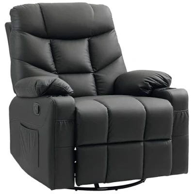 Image of HOMCOM Recliner Armchair, Swivel PU Leather Manual Reclining Chair with Adjustable Leg Rest, Drink Holders, Side Pockets, Rocker for Home Living Room, Black