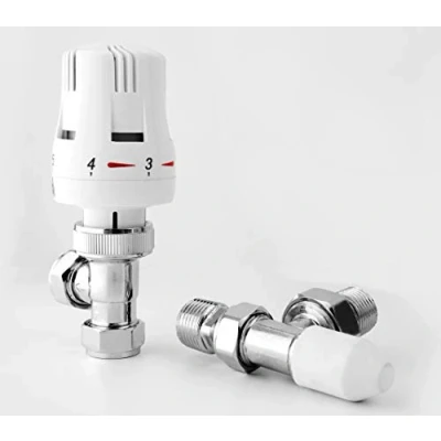 Image of Haxby White Angled TRV and Lock Shield Valve Set 1/2&quot; 15mm Designer Thermostatic Radiator &amp; Towel Rail