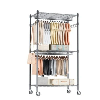 Image of Double Rod Garment Rack / 3 tier Clothes Rail with Height Adjustable Shelves,Clothes 2 Hooks, Rails Wheels, 60 * 42 205cm,Grey
