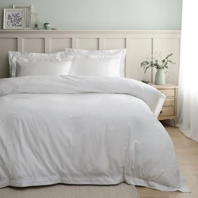 Image of Bianca Lottie Floral Embroidery 180 Thread Count Cotton Double Duvet Cover Set with Pillowcase White