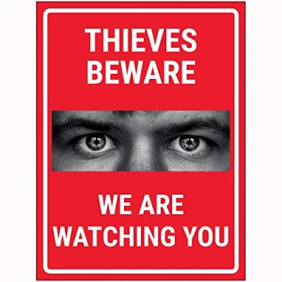 Image of V Safety Criminals Beware We Are Watching You Red Sign 150x200mm Face Adhesive Window Sticker