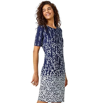 Image of Roman Originals Women Floral Print Shift Dress Ladies Textured Bodycon Work Smart Office Business Occasion Pencil Fitted Tight Tailored Short Sleeve Round Crew Neck Navy &amp; White Size 20