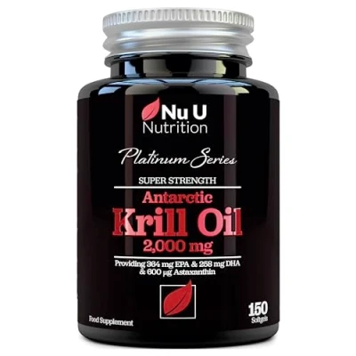 Image of Antarctic Krill Oil Super Strength 2000mg 150 Softgels Capsules with Astaxanthin &amp; Phospholipids Omega 3 Fish Alternative Source of EPA DHA Made in The UK Nu U Nutrition