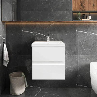 Image of Hudson Reed URB102G Urban Modern Bathroom Wall Hung 2 Soft Close Drawers Vanity Unit with Round Ceramic Basin 30mm Profile, 500mm, Satin White