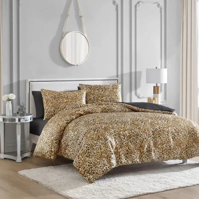 Image of Juicy Couture King Leopard Satin Duvet Cover Set Cheetah Print 3 Piece Machine Washable Reversible Animal Bedding and Sham