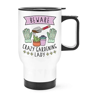 Image of Beware Crazy Gardening Lady Travel Mug Cup with Handle