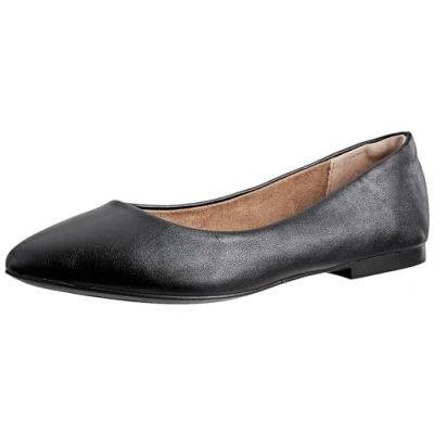 Image of Amazon Essentials Women&#039;s Pointed Toe Ballet Flat, Black Faux Leather, 13 UK