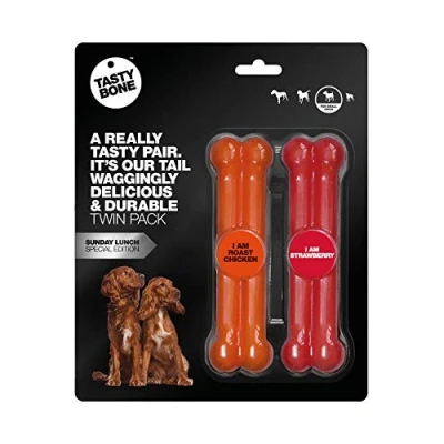 Image of TastyBone Twin Pack Nylon Dog Chew Toys for Small Dogs (Roast Chicken &amp; Strawberry) Indestructible Aggressive Chewers, Everlasting Flavour, Strong Healthy Teeth, Made in the UK