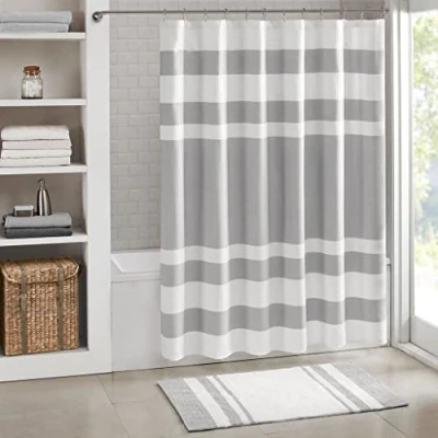 Image of Madison Park Shower Curtain Waffle Weave Striped Pieced Design Fabric Curtains for Bathroom with 3M Scotchgard Moisture Management Premium Spa Quality Modern Standard 72&quot;x72&quot; Grey