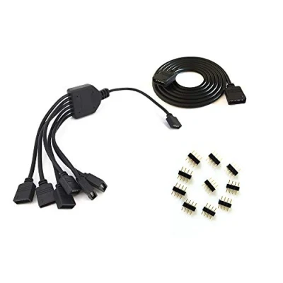 Image of zmtyuguan 4 Pins black rgb LED Splitter Cable Strip Connector 6 Way Y for One to six 5050 3528 Light Strips with,1m wire，10x Male Pin Plugs