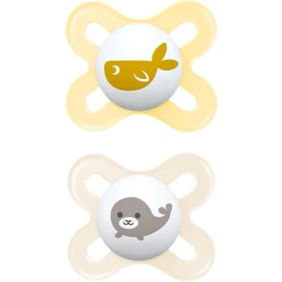 Image of MAM Original Start Soother 0 2 Months (Set of 2), Baby Made from Sustainable Material, SkinSoft Silicone Teat, with Case, Cream (Designs May Vary)