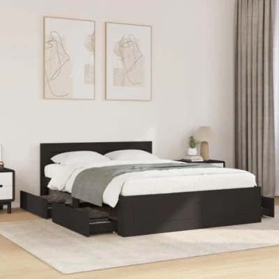 Image of vidaXL Double Bed Frame with Headboard and Storage Drawers Black Engineered Wood 140x200 cm