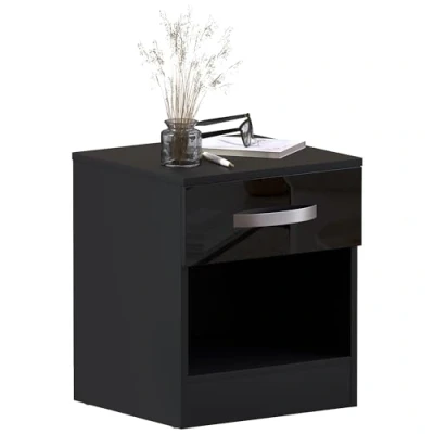Image of Movian Amazon Brand High Gloss Bedside Cabinet Black, 1 Drawer With Metal Handles and Runners, Unique Anti Bowing Support, Bedroom Furniture