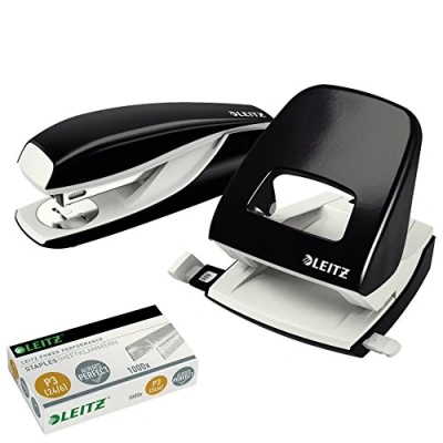 Image of Leitz 5008 NeXXt Series Metal Office Hole Punch, up to 30 Sheets/Combo Set with Stapler + 1000 Extra Staples (Black)