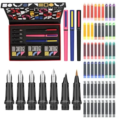 Image of GC QUILL Calligraphy Pens Set 64pcs for beginners with 3 Fountain Pens, 7 Varied Nibs, 54 Ink Cartridges(10 Colours) Writing, Drawing and Practice beginner F354