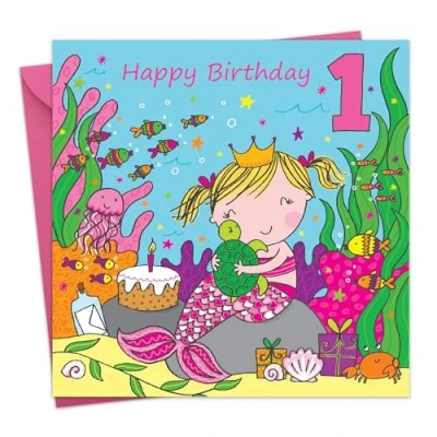Image of Twizler 1st Birthday Card For Girl with Cute Mermaid &amp; Glitter One Year Old Age 1 Childrens Girls Happy