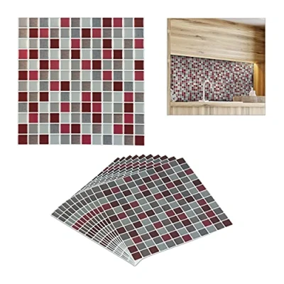 Image of Relaxdays Mosaic Tile Stickers, Set of 10, Self Adhesive, Kitchen &amp; Bathroom, 23.5 x cm, 3D, Wall Decal, Red/Brown, Acrylic Polyvinyl Chloride Polyethylene Terephthalate
