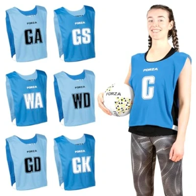 Image of FORZA Pro Reversible Netball Bibs [Pack of 7] 2 in 1 Design with 5 Colour Combinations Ideal for Schools &amp; Sports Clubs (Blue Sky Blue, Large)