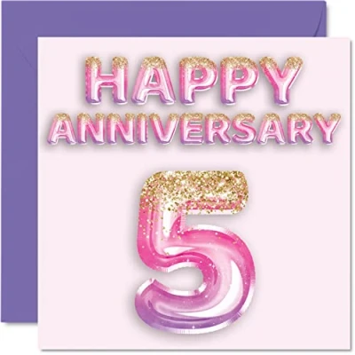 Image of Pretty Wooden Anniversary Card for Wife Girlfriend Husband Boyfriend Pink Purple Glitter Balloons Happy 5th Cards from Family, 145mm x Greeting Fifth Anniversaries